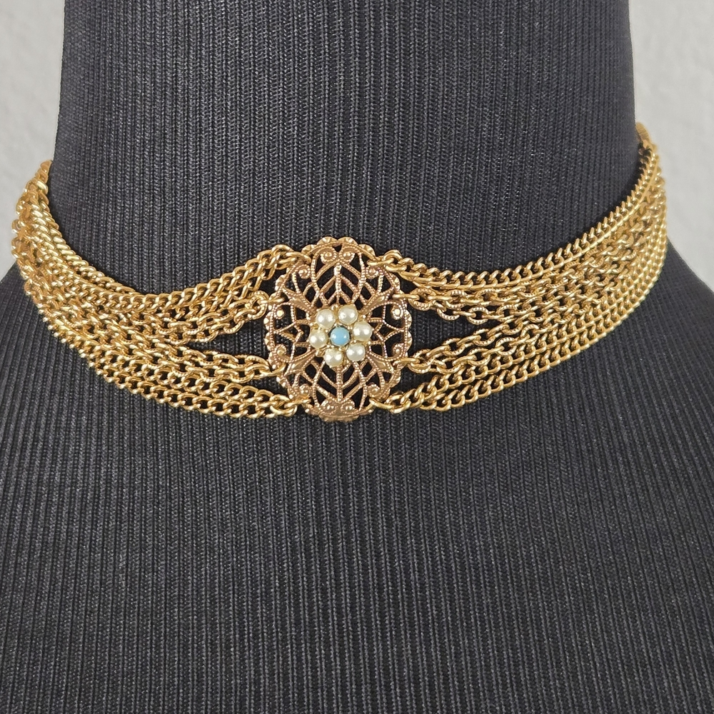 Vintage Art Nouveau Goldtone Floral Multi-Chain Choker with Turquoise Accent